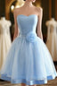 Light Blue Tulle Sweetheart With Bow Cute Prom Dress, Blue Short Homecoming Dresses