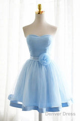 Light Blue Tulle Sweetheart With Bow Cute Party Dress, Blue Short Homecoming Dress