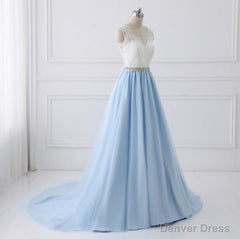 Light Blue Tulle V Back Long Party Dress with Bow, Blue Evening Dress Wedding Party Dress