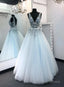Light Blue Tulle V Neck Long A Line Prom Dress Formal Dress Graduation Dress