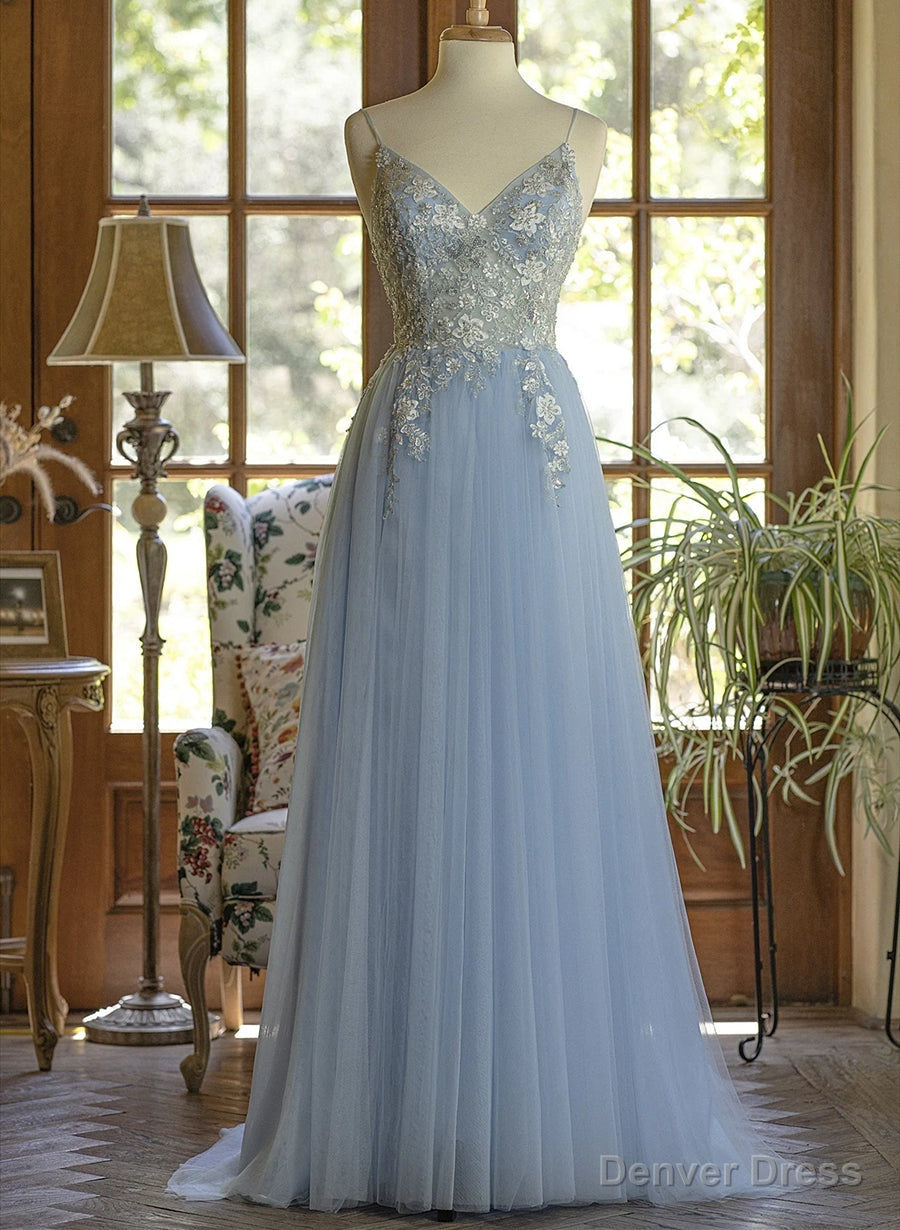Light Blue Tulle V-neckline Straps with Lace Long Party Dress, Blue A-line Prom Dress Main image