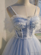 Light Blue Tulle with Beaded Short Homecoming Dress, Blue Short Prom Dresses