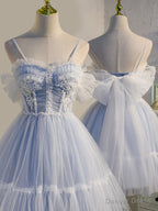 Light Blue Tulle with Beaded Short Homecoming Dress, Blue Short Prom Dresses