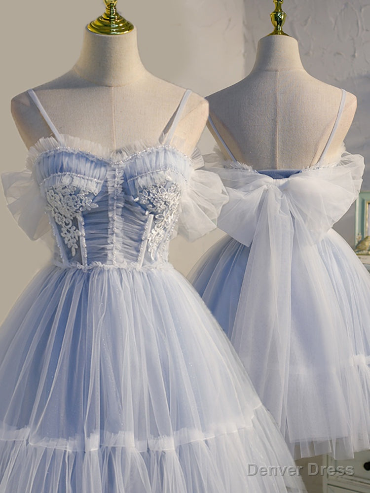 Light Blue Tulle with Beaded Short Homecoming Dress, Blue Short Prom Dresses