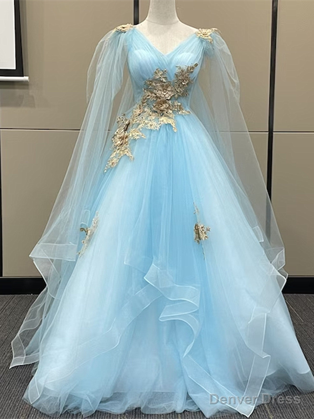 Light Blue Tulle with Gold Lace Applique Prom Dress, Light Blue Prom Dresses Main image