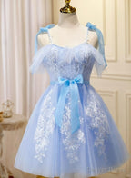 Light Blue Tulle with Lace Knee Length Prom Dress, Blue Homecoming Dresses