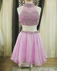 Light Blue Two Piece Homecoming Dresses Beaded Halter