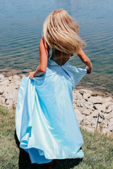 light blue v neck a line prom dress with pockets