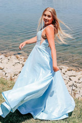 light blue v neck a line prom dress with pockets
