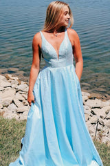 light blue v neck a line prom dress with pockets