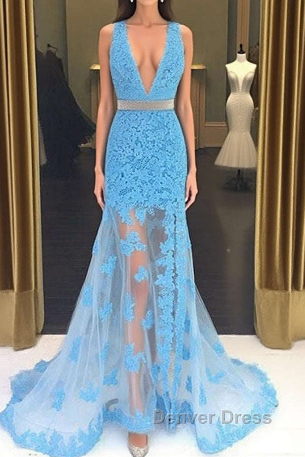 Light Blue V Neck Mermaid Lace Applique Long Prom Dress, Lace Blue Prom Dress Main image