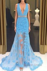 Light Blue V Neck Mermaid Lace Applique Long Prom Dresses, Lace Blue Formal Dresses, Evening Dresses