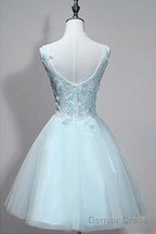 Light Blue V-Neckline Lace Applique Tulle Homecoming Dress, Low Back Short Prom Dress