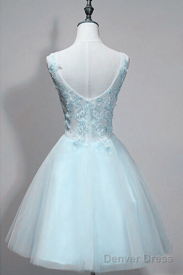 Light Blue V-Neckline Lace Applique Tulle Homecoming Dress, Low Back Short Prom Dress