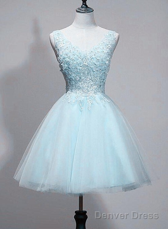 Light Blue V-Neckline Lace Applique Tulle Homecoming Dress, Low Back Short Prom Dress
