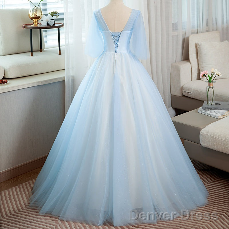 Light Blue V Neckline Long Puffy Sleeves Prom Dresses, Blue Prom Gowns