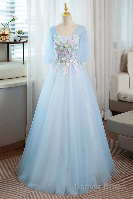 Light Blue V Neckline Long Puffy Sleeves Prom Dresses, Blue Prom Gowns