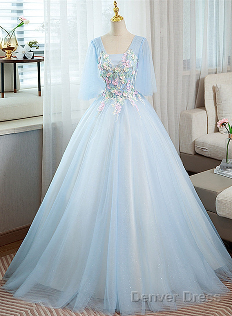 Light Blue V-Neckline Long Puffy Sleeves Party Dress, Blue Evening Gown Main image