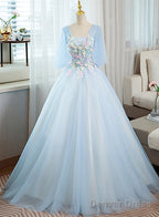 Light Blue V-Neckline Long Puffy Sleeves Party Dress, Blue Evening Gown