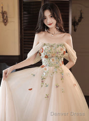 Light Champagne A-Line Off Shoulder Party Dress, Tulle With Lace Applique Prom Dress