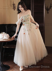 Light Champagne A-Line Off Shoulder Party Dress, Tulle With Lace Applique Prom Dress