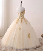 Light Champagne Ball Gowns Prom Dress, Sweet 16 Dresses with Gold Applique