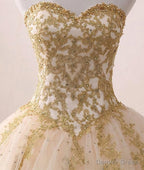 Light Champagne Ball Gowns Prom Dress, Sweet 16 Dresses with Gold Applique