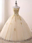 Light Champagne Ball Gowns Prom Dress, Sweet 16 Dresses with Gold Applique
