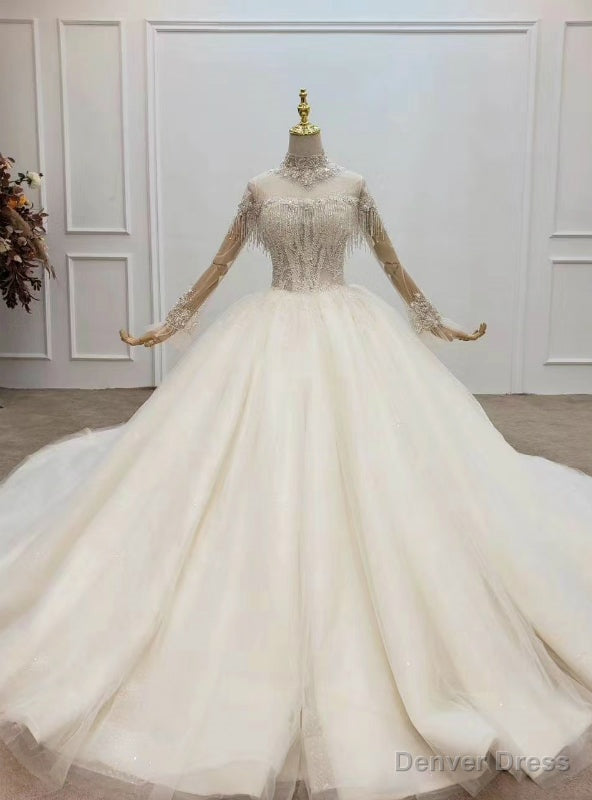 Light Champagne Ball Gown Tulle High Neck Long Sleeve Wedding Dress Main image