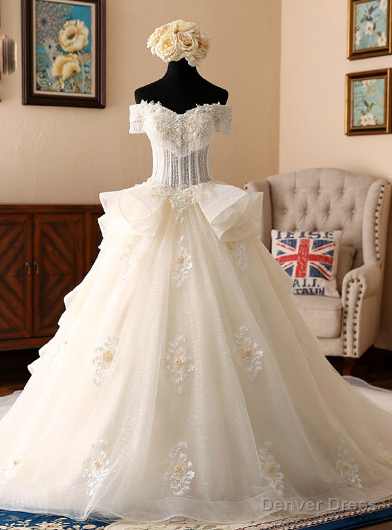 Light Champagne Ball Gown Tulle Off The Shoulder With Pearls Wedding Dress Main image
