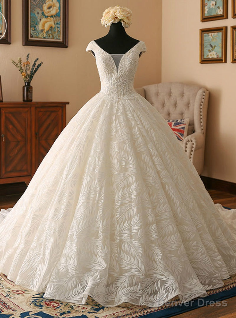 Light Champagne Ball Gown V-neck Backless Lace Wedding Dress Main image