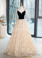 Light Champagne Beaded V-Neckline Party Dress, Cute Straps Long Prom Dress