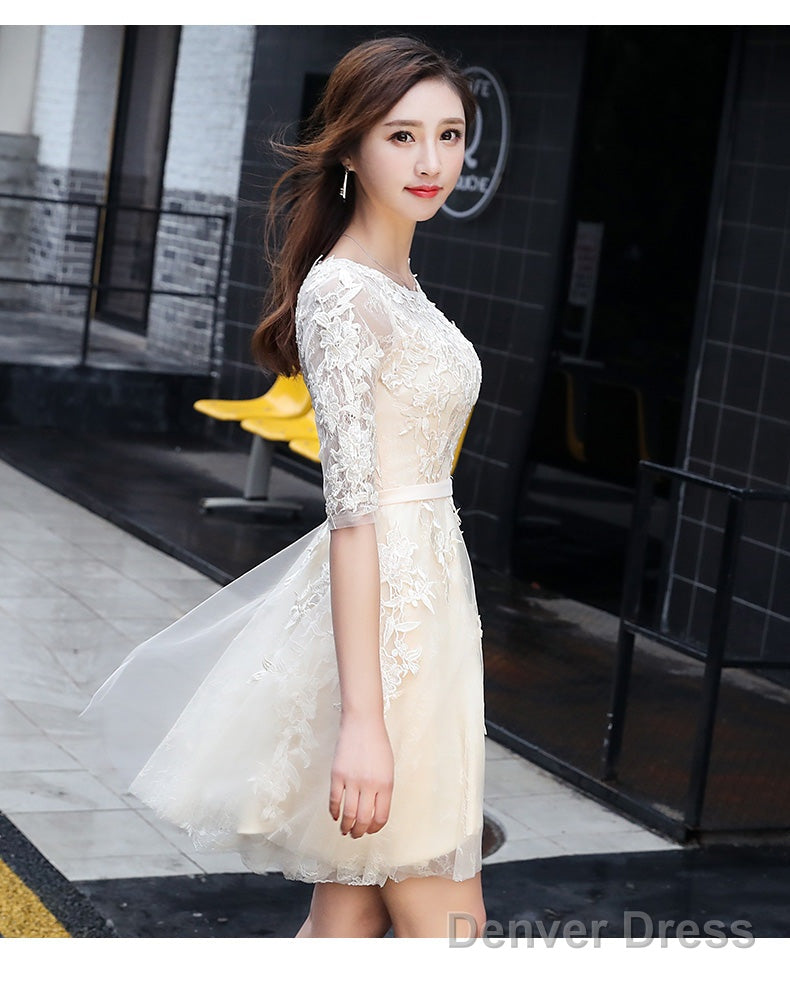 Light Champagne Cute Lace Short Prom Dress, Lovely Lace Tulle Prom Dress Homecoming Dresses
