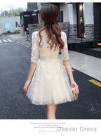 Light Champagne Cute Lace Short Prom Dress, Lovely Lace Tulle Prom Dress Homecoming Dresses