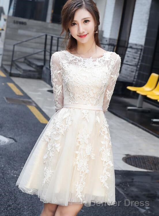 Light Champagne Cute Lace Short Prom Dress, Lovely Lace Tulle Prom Dress Homecoming Dresses