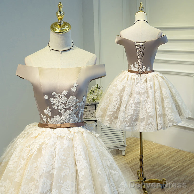 Light Champagne Lace and Satin Off Shoulder Prom Dress Homecoming Dress, Short Prom Dresses Main image