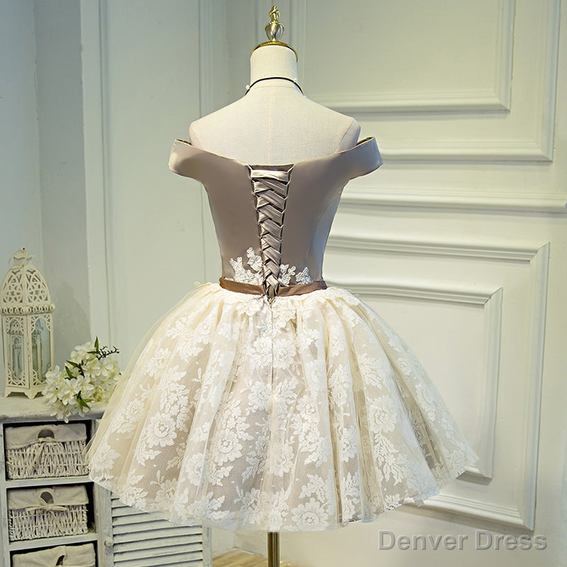 Light Champagne Lace and Satin Off Shoulder Prom Dress Homecoming Dress, Short Prom Dresses