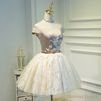 Light Champagne Lace and Satin Off Shoulder Prom Dress Homecoming Dress, Short Prom Dresses
