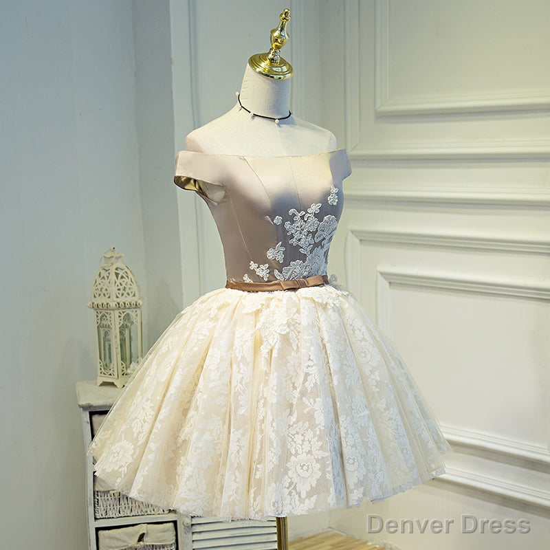 Light Champagne Lace and Satin Off Shoulder Prom Dress Homecoming Dress, Short Prom Dresses