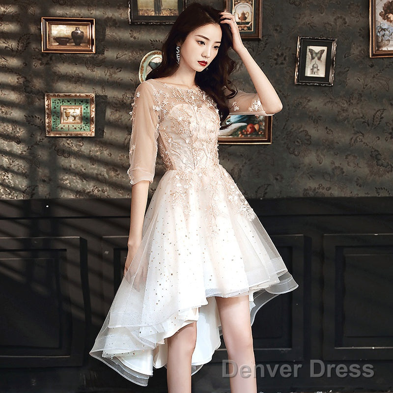 Light Champagne Lace Applique Short Sleeves High Low Prom Dress, Short Homecoming Dresses