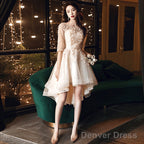 Light Champagne Lace Applique Short Sleeves High Low Party Dress, Short Homecoming Dresses