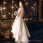 Light Champagne Lace Applique Short Sleeves High Low Party Dress, Short Homecoming Dresses