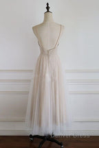 Light Champagne Lace Straps Sweetheart Prom Dress Prom Dress, Tea Length Wedding Prom Dresses
