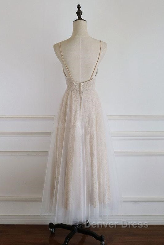 Light Champagne Lace Straps Sweetheart Prom Dress Prom Dress, Tea Length Wedding Prom Dresses
