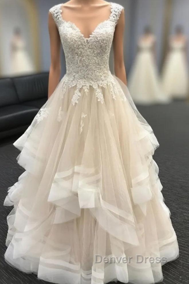 Light champagne lace tulle long wedding Dress, lace Prom Dresses Main image