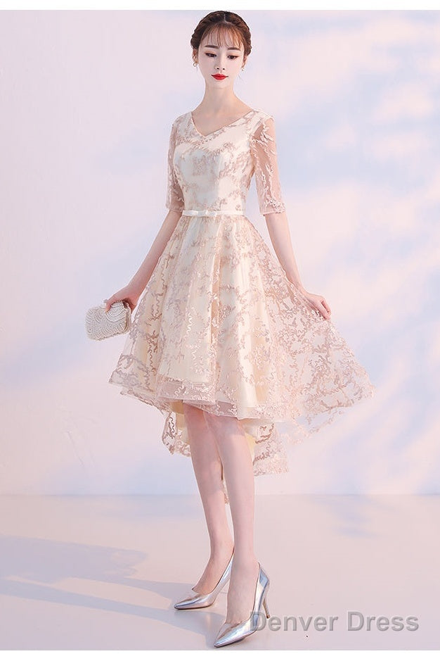 Light Champagne Lovely Lace High Low Homecoming Dress, New Short Prom Dresses