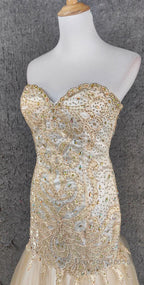 Light Champagne Mermaid Sweetheart Neck Beaded Tulle Long Ball Dresses Vintage Evening Dresses