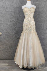 Light Champagne Mermaid Sweetheart Neck Beaded Tulle Long Ball Dress Vintage Evening Dress