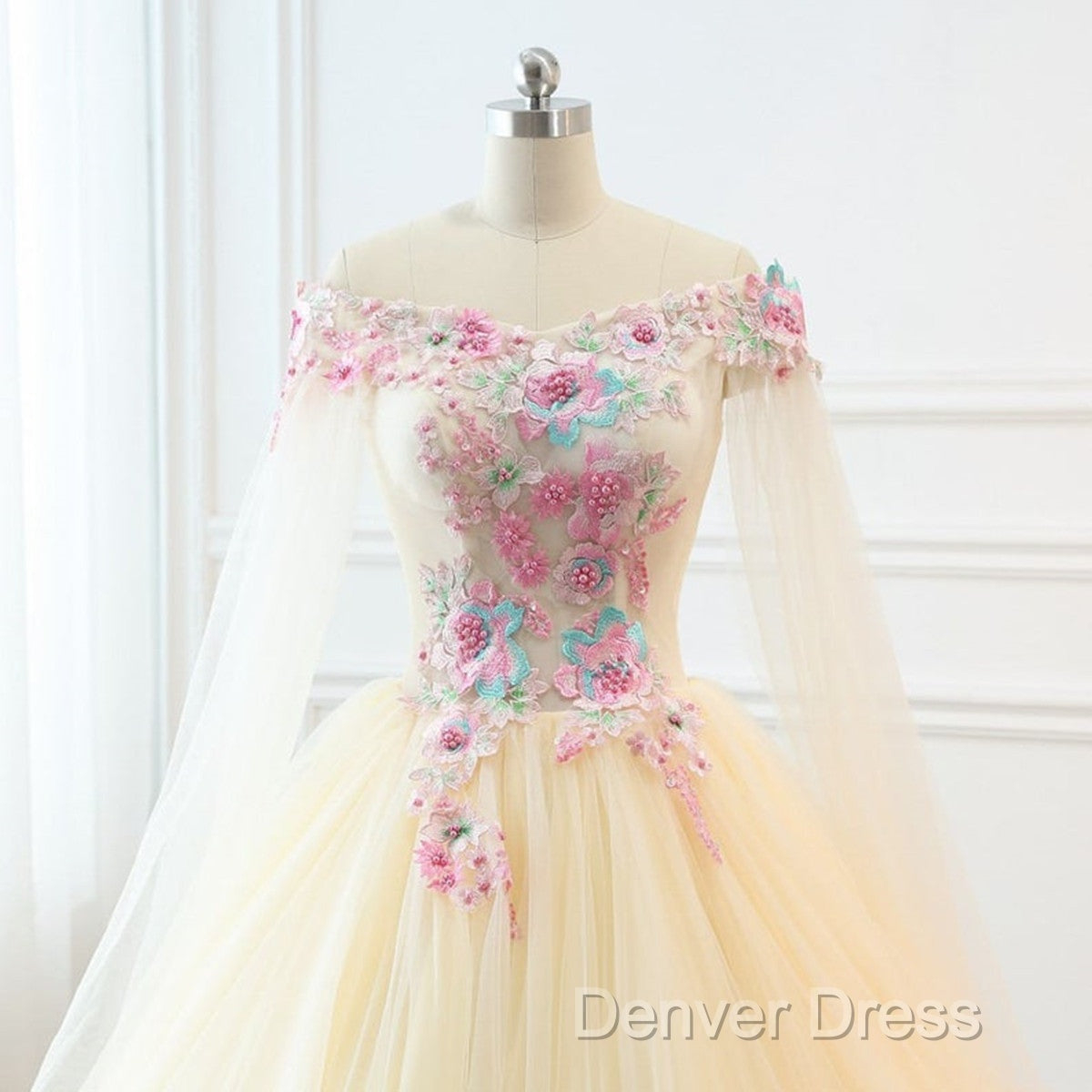 Light Champagne Off Shoulder Tulle With Flowers Formal Gown, Long Sweet 16 Dresses Secondary image