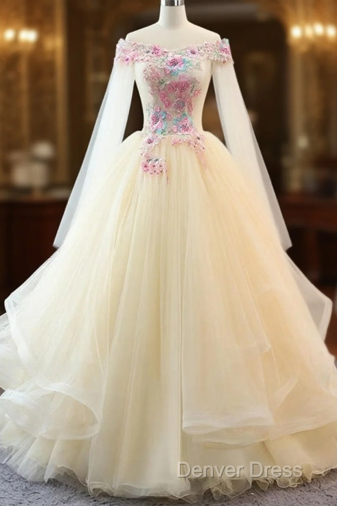 Light Champagne Off Shoulder Tulle With Flowers Formal Gown, Long Sweet 16 Dresses Main image